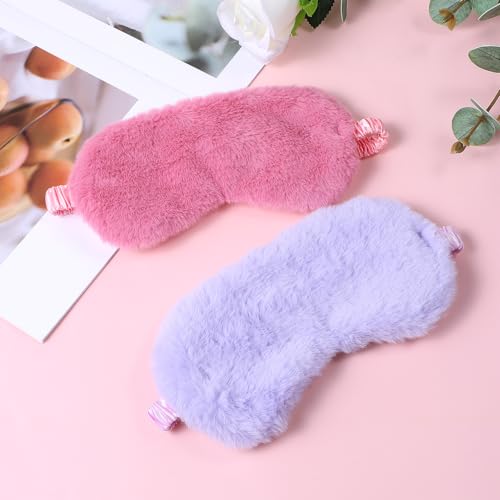 2 Pcs Plush Eye Mask Soft Sleeping Blindfold Eye Cover Comfortable Furry Faux Fur Sleeping Mask Satin Nap Night Eyeshade Cover for Women Men Gift (Rose, Violet) - color: Rose&violet