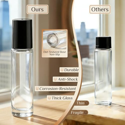 PrettyCare 12 Pack, 10 ml Essential Oil Roller Bottles with Stainless Steel Roller Ball - Refillable Leak-proof Empty Thick Clear Glass Roll on Bottles with Black Caps for Travel, Perfume - color: Clear with Black Cap, size: 12 Pack