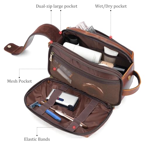 Polare Full Grain Leather Toiletry Bag for Men Large Travel Cosmetic Case Dopp Kit Shaving Kit Wash Pouch with YKK Zippers (Brown) - color: Brown