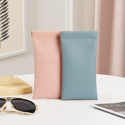 Squeeze Top Sunglass Case, New Organosilicon Soft PU Leather Eyeglass Glass Case Travel Large Sunglasses Pouch - color: Pink+blue