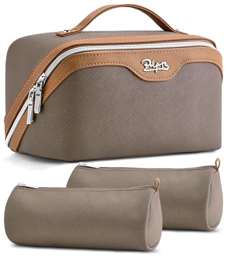BOYATU Travel Makeup Bag Organizer Cosmetic Bag: 3 Pcs Set Make up Bags for Women with Handle - Waterproof Vegan Leather Toiletry Bags Travel Essentials Pouch with Compartments (A-02-Grey) - color: 02-B-Grey