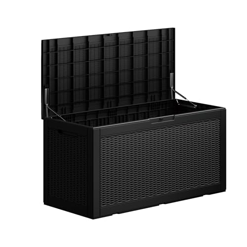 100 Gallon Lockable Resin Outdoor Storage Box, Waterproof & Weather Resistant Deck Box for Patio Cushion, Garden Tools & Pool Accessories, Black - color: Black, size: 100 Gallon