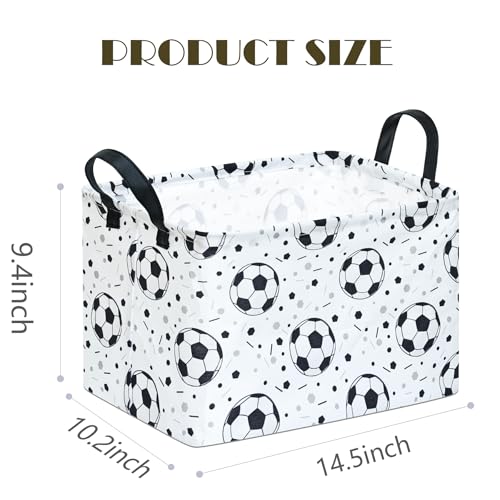 Kids Storage Basket with Soccer Print, 14.5" x 10.2" x 9.1", Waterproof with Leather Handles, Collapsible Rectangular Bin for Boys Sports Gear, Toys & Laundry - color: Black dot soccer