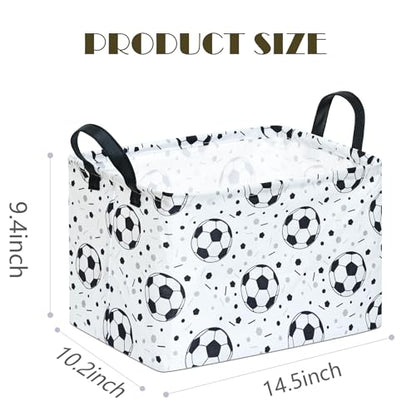 Kids Storage Basket with Soccer Print, 14.5" x 10.2" x 9.1", Waterproof with Leather Handles, Collapsible Rectangular Bin for Boys Sports Gear, Toys & Laundry - color: Black dot soccer