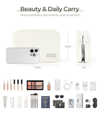 Preppy Makeup Bag, Rectangle Double Detachable Cosmetic Organizer, Clear Side Panel Portable Travel Pouches for In-Flight Essentials, Beauty & Tech Accessories, Gift for Women - color: Off-white