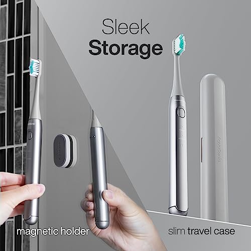 Aquasonic Icon ADA-Accepted Rechargeable Toothbrush | Magnetic Holder & Slim Travel Case | 2 Brushing Modes & Smart Timers | Gentle Micro-Vibrations (Stone) - color: Stone