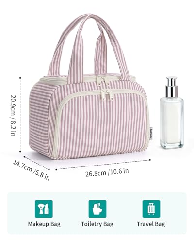 Narwey Striped Travel Toiletry Bag Large Makeup Bag for Women, Wide-open Cosmetic Make Up Organizer with Handle, Travel Bag for Toiletries, Essentials, Accessories (Dusty Pink Stripe) - color: Y-Dusty Pink Stripe
