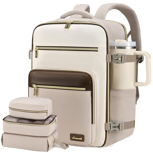 LOVEVOOK Travel Backpack For Women,40L Carry On Backpack Flight Approved,TSA Personal Item Travel Bag Fits 17 Inch Laptop,Business Weekender Overnight Daypack with Toiletry Bag and Cubes - color: Light Khaki and White, size: 17.3 Inch-40L-4Pcs