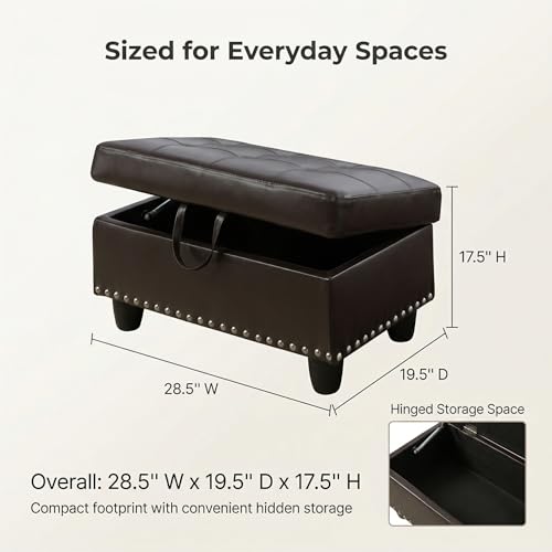 28.5 Inch Storage Ottoman Bench with Hidden Storage, PU Leather Upholstered Foot Rest Stool, Tufted End of Bed Bench for Bedroom Living Room, Easy to Clean, Linen Brown - color: Dark Brown