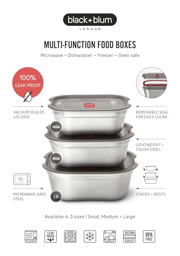 BLACK + BLUM Lunch Bowl Mixed Set - Reusable Meal Prep Containers for Picnic & Camping - Microwavable Stainless Steel Lunch Dinner Food Storage Box - Leak Proof Lid - Dishwasher Oven Safe - 20/30/40oz - size: Mixed Box Set (600ml / 900ml / 1.2L)