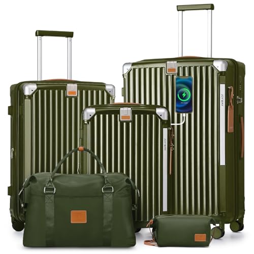 Joyway 5 Piece Luggage Set with Cup Holder, Expandable 25% Capacity, Includes Handbag, Anti Slip Wheels, Hook, Smart Carry On Suitcase for Men and Women, Spinner Travel DarkGreen - color: DarkGreen, size: 5 piece set (20/24/28inch-Handbag)