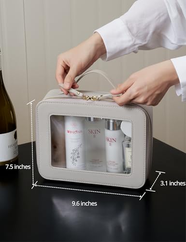 Popvibe Clear Makeup Bag Travel Cosmetic Case Transparent Toiletry Bag with Zipper, Portable Make Up Organizer Traveling Compact Car Bag for Essentials - color: Beige Grey, style: Large Luxe