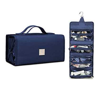 ROYALFAIR Roll Up Makeup Bag, Travel Toiletry Bag for Women with 4 Clear TSA Approved Pouches, Hanging Travel Organizer, Folding Cosmetic Bag for Men and Women - color: Navy