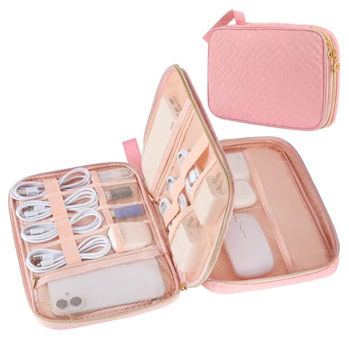 Electronics Organizer Travel Case, Charger Bag Cord Organizer Travel, All-in-One Cable Organizer Bag for Charger, Cords, Phone, Headphones, Flash Drive, SD Card (Pink, Large-Double Layer) - color: Pink, size: Large-Double Layer