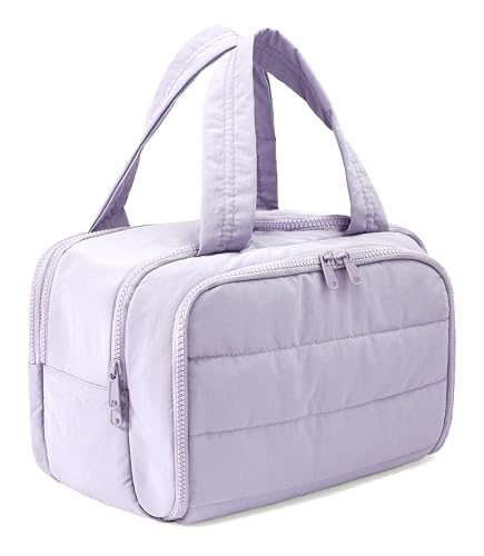 Travel Toiletry Bag for Women, Large Wide-open Puffy Cosmetic Makeup Bag with Wet-Dry Separation, Multi-Pocket Organizer with Carry Handle for Toiletries, Cosmetics, Essentials, Light Purple - color: Light Purple