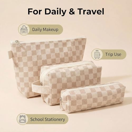 3 Pcs Canvas Makeup Bag Set Checkered Cosmetic Pouch for Women Travel Toiletry Bag Cute Makeup Organizer Purse Pouch Preppy Pencil Case with Zipper (Checkered Khaki) - color: Checkered Khaki