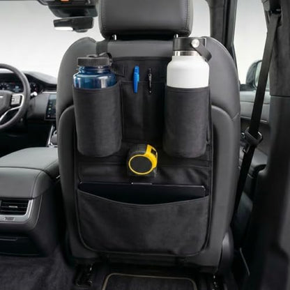 Swigzy Premium Seat Back Organizer Water Bottle Holder & Kick Mat Protector | Large Water Bottle Holders, Cordura Nylon, Laptop Pocket, Sag-Free Adjustable Fit