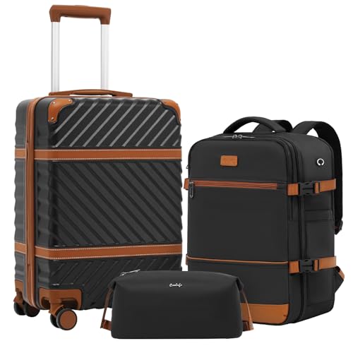 Coolife Luggage Set Suitcase Carry On Luggage PC Hardshell Luggage TSA Lock Spinner Wheels Telescopic Handle - color: Black, size: 3 piece set (BP/TB/20)