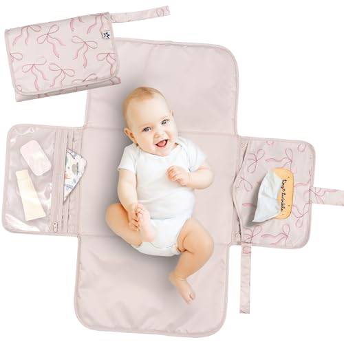 Tiny Twinkle Portable Diaper Changing Pad | Waterproof, Wipeable & Compact Baby Changing Pad for Travel | Smart Wipes Pocket & Organized Storage| Newborn Shower Gift (Bows) - color: Bows