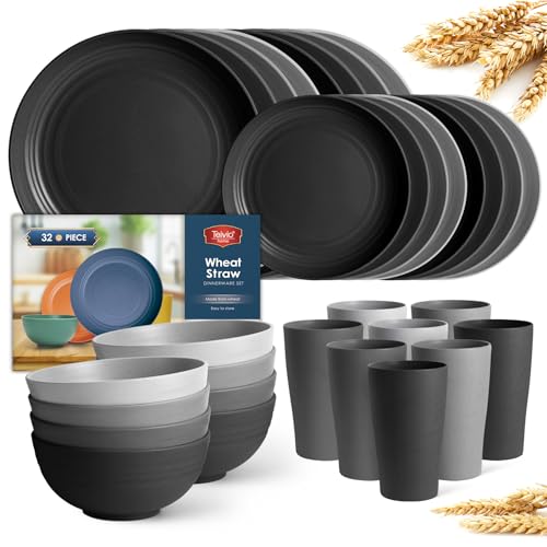 Teivio 32-Piece Kitchen Plastic Wheat Straw Dinnerware Set, Service for 8, Dinner Plates, Dessert Plate, Cereal Bowls, Cups, Unbreakable Colorful Plastic Outdoor Camping Dishes, Gray Ombre - color: Gray Ombre