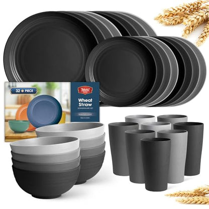 Teivio 32-Piece Kitchen Plastic Wheat Straw Dinnerware Set, Service for 8, Dinner Plates, Dessert Plate, Cereal Bowls, Cups, Unbreakable Colorful Plastic Outdoor Camping Dishes, Gray Ombre - color: Gray Ombre