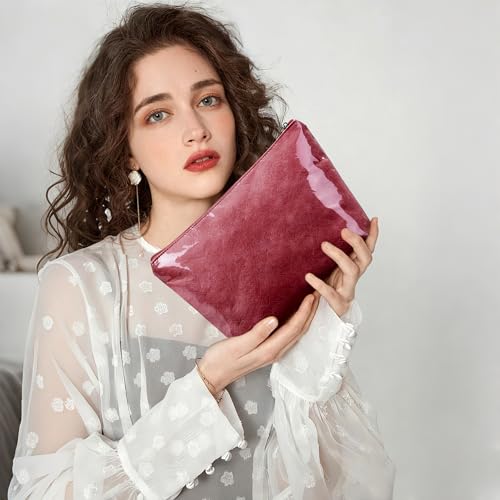 WLLWOO PVC Waterproof Makeup Bag Kraft Paper Cosmetic Bag Travel Toiletry Zipper Pouch Organizer for Women Purse - color: PVC-Burgundy