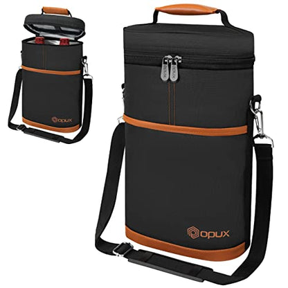 opux 2 Bottle Wine Carrier Tote, Insulated Leakproof Wine Cooler Bag, Wine Travel Bag Tote for Picnic BYOB Beach, Portable Wine Bottle Carrying Case, Gift for Wine Lover Women Men Christmas, Brown - color: Brown