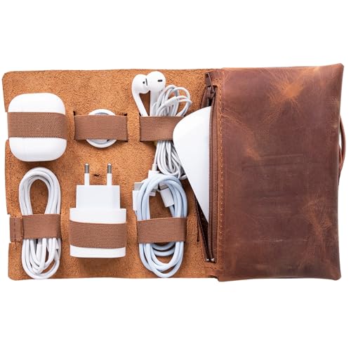 HARDISTON Custom Genuine Leather Electronic Cable Organizer Bag Handmade Travel Cord Organizer Roll Case for Hard Drives, Cables, Charger, Phone, USB, SD Card (Medium - Brown) - color: Brown, size: Medium