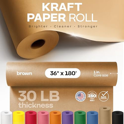 IDL Packaging Brown Kraft Paper Roll 36" x 2160" (180 feet), 30lb Thickness - USA-Made Brown Wrapping Paper for Packing, Moving, Shipping & Crafts/Arts - 100% Recycled Natural Craft Wrap Material - color: Brown, size: 36"x180' (#30 thick)