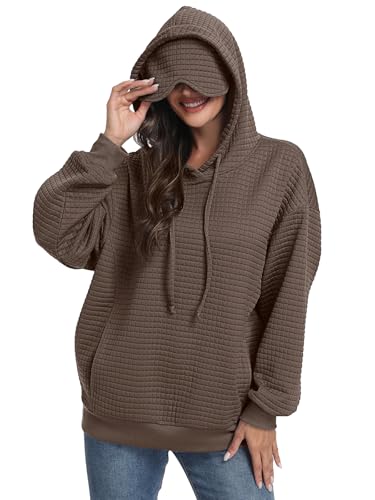 SeSe Code Hoodie With Eye Mask Waffle Hooded Sweatshirts Womens Travel Airplane Sleep Hoodies Mens Oversized Pullover - color: Brown, size: Small
