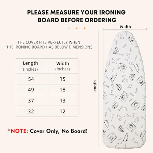 Seiritex Wide Ironing Board Cover and Pad 18 x 49 inch Heat Reflective with Hook and Loop Fasteners, Thick Padding with Elasticized Edges, 3 Layers Iron Board Cover (White) - color: White, size: 18x49