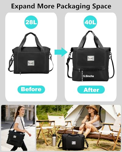 Foldable Travel Duffel Bag for Women, Black, Nylon | 40L Expandable, Carry on Bag Personal Item Flight Approved, Lightweight Water Resistant, Overnight Weekender Bag - color: Black