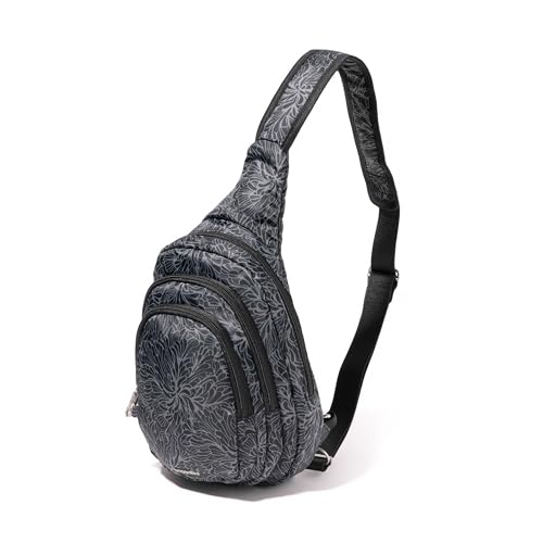 Baggallini Securtex® Anti-Theft Multi Zip Sling - Lightweight 8.6"x15.2" Travel Bag with Locking Zippers & RFID Protection - color: Midnight Blossom