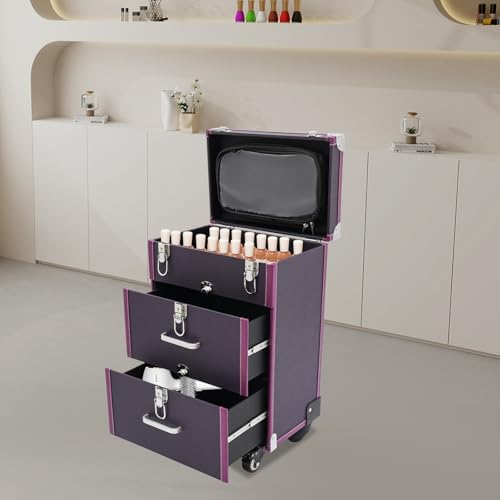 Large Capacity Rolling Cosmetic Case, Travel Trolley Case Mobile Storage Box, Multifunctional Makeup Train Case, Portable Tool Organizer with Lock and Universal Wheels for Beauty Salon Nail (Purple)