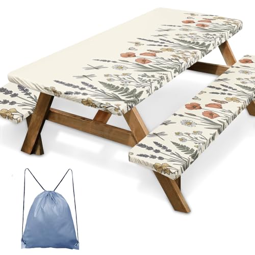 Picnic Table Cover with Bench Covers Elastic Edges, Botanical Camper Fitted Table Cover, Outdoor Camping Essentials 72 Inch 3PCS, Waterproof Camping Fitted Tablecloth with Drawstring Bag - color: Botanical, size: 72in