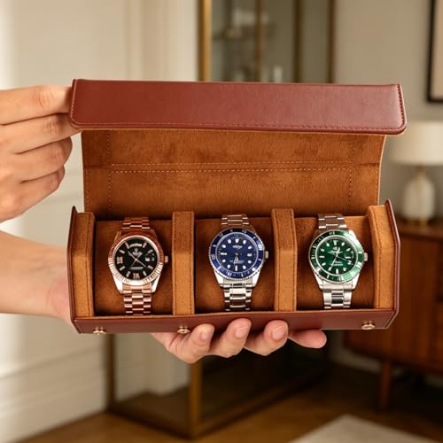Leather Watch Roll for 2 Watches - Velvet-Lined Travel Case, Luxury Watch Rolls Organizer with Storage & Display for Men (3 Slot-Brown) - color: 3 Slot-Brown