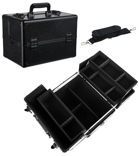Large Makeup Train Case Cosmetic Organizer Case Makeup Box Portable Make Up Artist Travel Case with 4 Trays with Dividers Lockable Hard Train Case Nail Tech Supply Storage - Starry Black - color: Starry Black-M