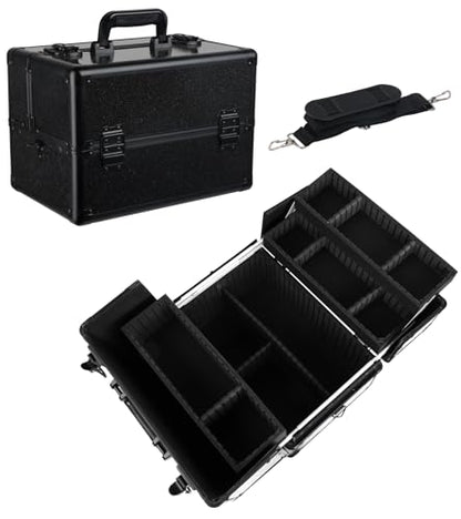 Large Makeup Train Case Cosmetic Organizer Case Makeup Box Portable Make Up Artist Travel Case with 4 Trays with Dividers Lockable Hard Train Case Nail Tech Supply Storage - Starry Black - color: Starry Black-M