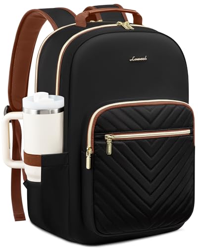 LOVEVOOK Laptop Backpack for Women with Giant Tumbler Holder 15.6 inch,Designer Travel Backpack Laptop Bag College Backpack,Quilted Work Nurse Teacher Backpack Purse Computer Bag Daypack,Black Brown - color: Black Brown, size: 15.6-Cup