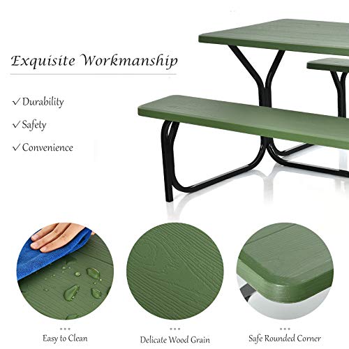 Giantex Picnic Table Bench Set Outdoor Camping All Weather Metal Base Yard Pool Dining Party Garden Patio Lawn Deck Large Camping Table (Green) - color: Green