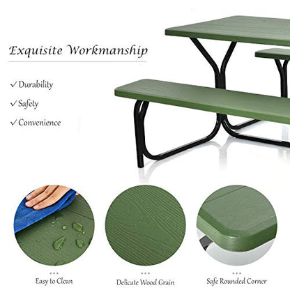 Giantex Picnic Table Bench Set Outdoor Camping All Weather Metal Base Yard Pool Dining Party Garden Patio Lawn Deck Large Camping Table (Green) - color: Green