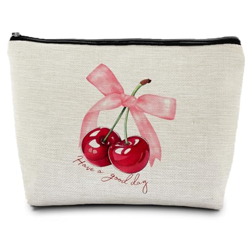 Aesthetic Makeup Bag for Women, Cute Cherry Bow Cosmetic Pouch for Travel, Preppy Toiletry Bag with Zipper Small Purse for Skincare Teens, Gifts for Her - color: Cherry Bow