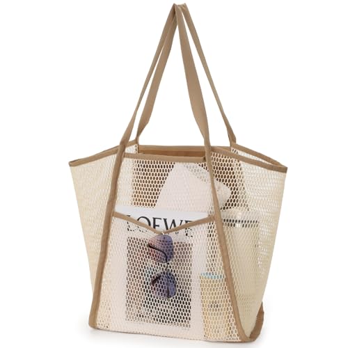 F-color Mesh Beach Bag Family - Large Tote Bag 9 Pockets for Swim Pool Toys Cruise Beach Vacation Essentials - color: Creamy, size: Large with Mesh Bottom