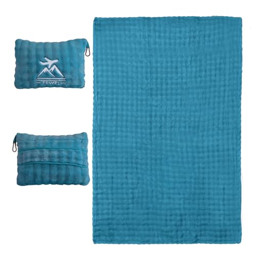 Travel Blanket and Pillow-2-in-1, Ultra-Soft&Compact, Airplane Blanket with Hand Luggage Belt and Backpack Clip,Travelers Accessories Gifts, 61x43 Inches（Green） - color: Green