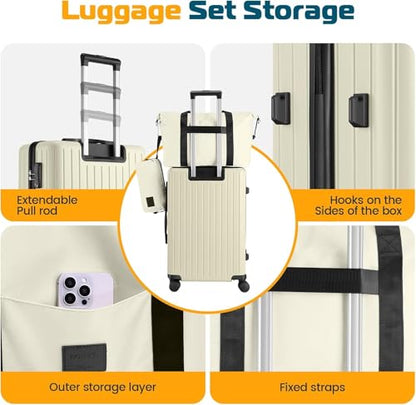 Hoteel Luggage Sets 3 Piece, 4-Year Warranty, Durable Suitcase Set with Spinner Wheels, 100% PC Hard Shell Lightweight Luggage with TSA Lock, Large Checked Travel Suitcases, Beige(20IN/DB/TB) - color: Beige 111, size: 20/TB/（LB/DB）
