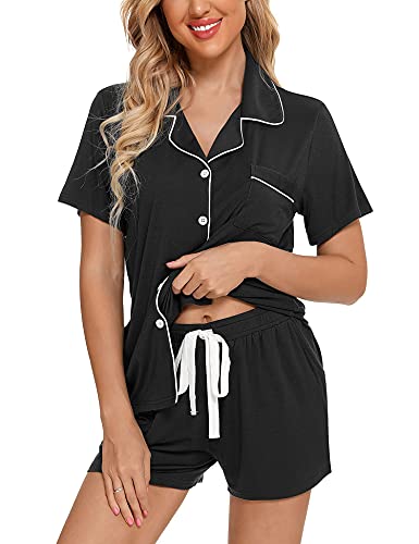 Anjue Womens Pajamas Set Short Sleeve Sleepwear Button Down Nightwear Shorts Soft Pj Sets S-XXL - color: A-black(with Shorts Pockets), size: Small