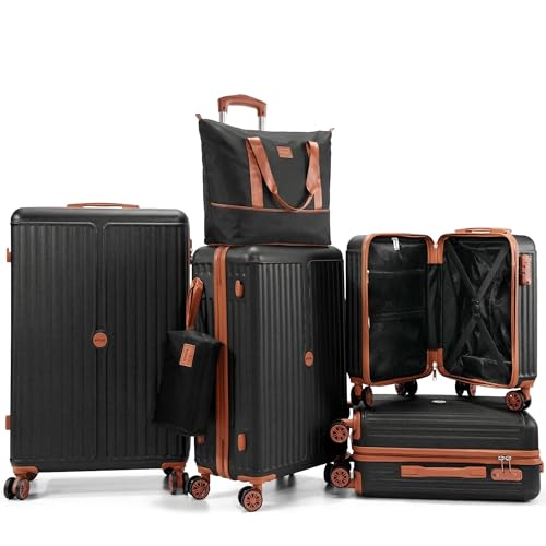 Hoteel Luggage 6-piece Set, 360° Universal Suitcases with Wheels Hard Shell Suitcase with TSA Lock, Including Waterproof Luggage Bag, Travel Maletas for Men and Women,Black(16/20/24/28Inch) - color: Black, size: 6 Piece Set (16/20/24/28/Expandable DB/TB)
