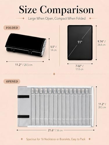Portable Jewelry Roll Untangled Secure Necklace Travel Storage Bag Displays Holder 16 Chain (Black and Gray) - color: Black and Gray