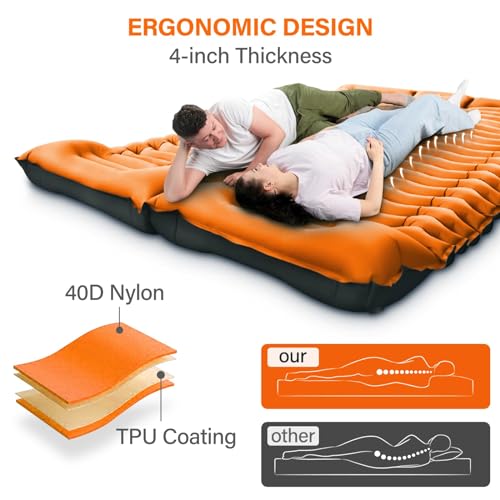 Yuzonc Double Sleeping Pad for Camping, 4" Extra Thick Self-Inflating Air Mattress - 2 Person Inflatable Camping Mat with Built-in Foot Pump & Pillow, Backpacking Hiking Tent Travel-Orange - color: Orange-1