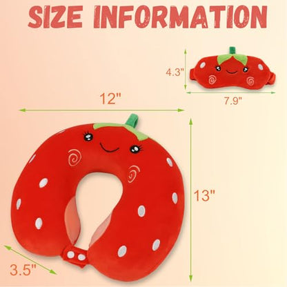 Kids Neck Pillow for Travel with Sleep Eye Mask, Cute Travel Neck Pillow, Memory Foam Flight Sleeping Headrest Pillow for Boys & Girls, Airplane, Train, Car, Home Use - Red Strawberry - color: Red Strawberry